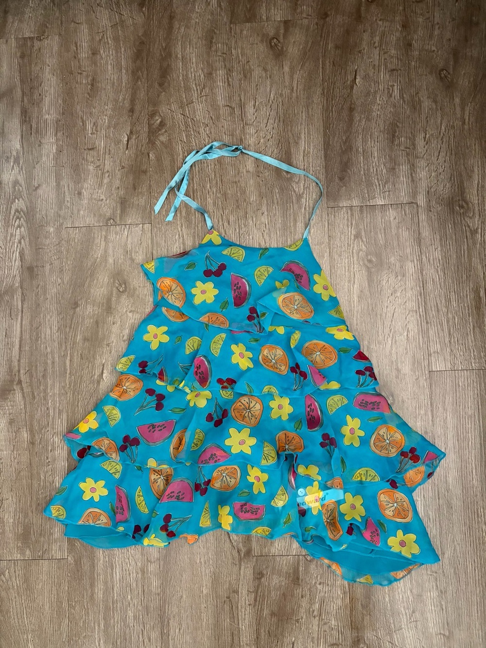 NWT Edward 100% Silk Y2K Backless Fruit Print Tiered Ruffle Halter Top Size L